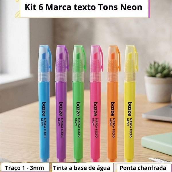 6 Marca Textos Bazze Neon Cores Vibrantes para Máximo Destaque e Organização Escola Escritório Dia a Dia