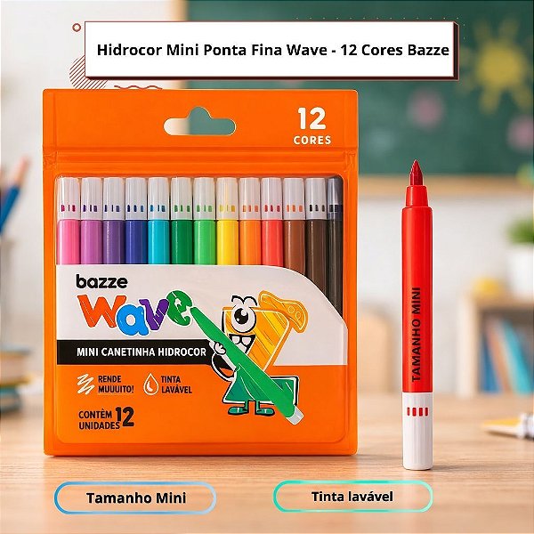 Canetinha Hidrocor Mini Ponta Fina Bazze Wave 12 Cores Lavável Escolar Infantil Mãos Pequenas