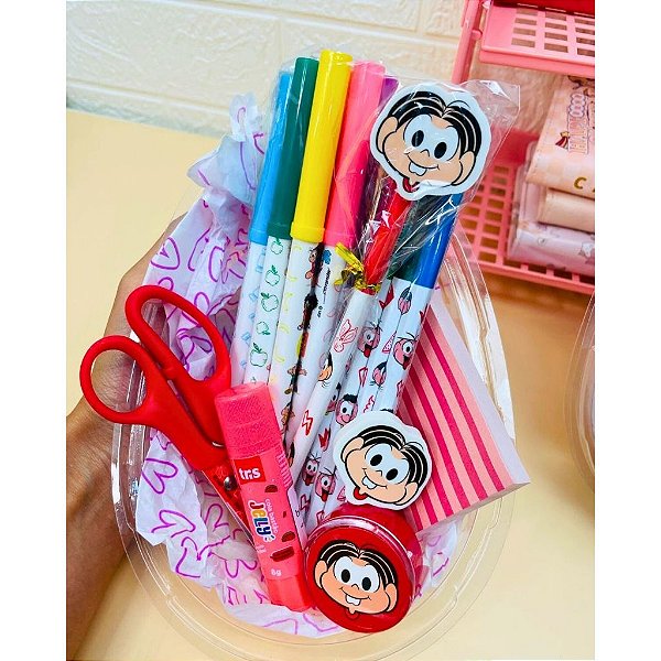 Kit Presenteável Ovo de Páscoa Papelaria Infantil Turma da Mônica Personagens 30 Itens Escolar Mônica Cebolinha Magali