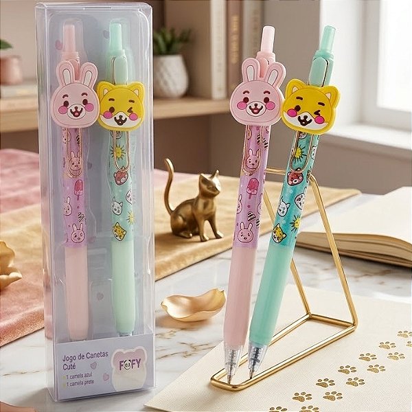 Blister 2 Canetas Cute Fofy 1.0mm - Tinta Azul e Preta Papelaria