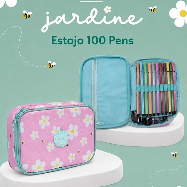 Estojo 100 Pens Jardine Polibras Floral com Abelhinhas Organizador Escolar para Canetas Lápis e Materiais