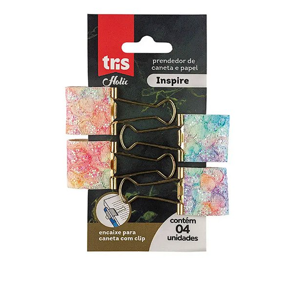Prendedor De Papel Binder Clip Tris Holic Mineral Suporte Caneta 25mm Cartela 4 Unidades