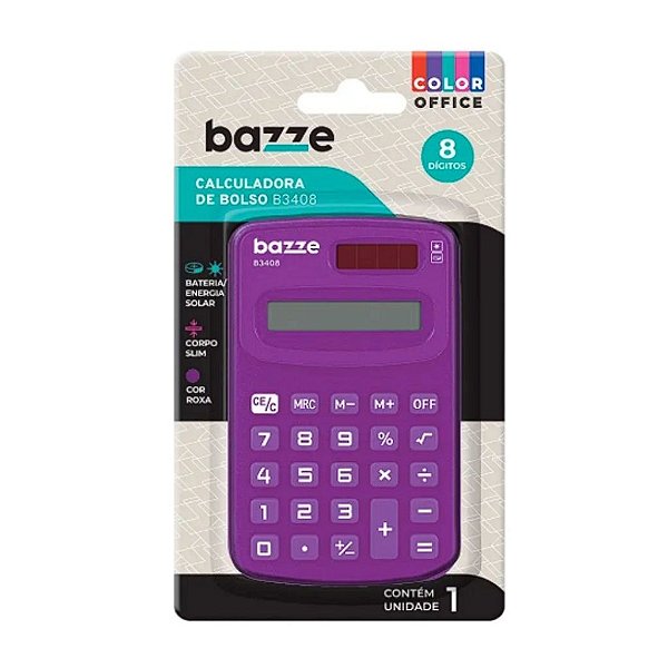 Mini Calculadora De Bolso Bazze B3408 Roxa 8 Digitos Compacta Portatil - Cartela C/1 UN