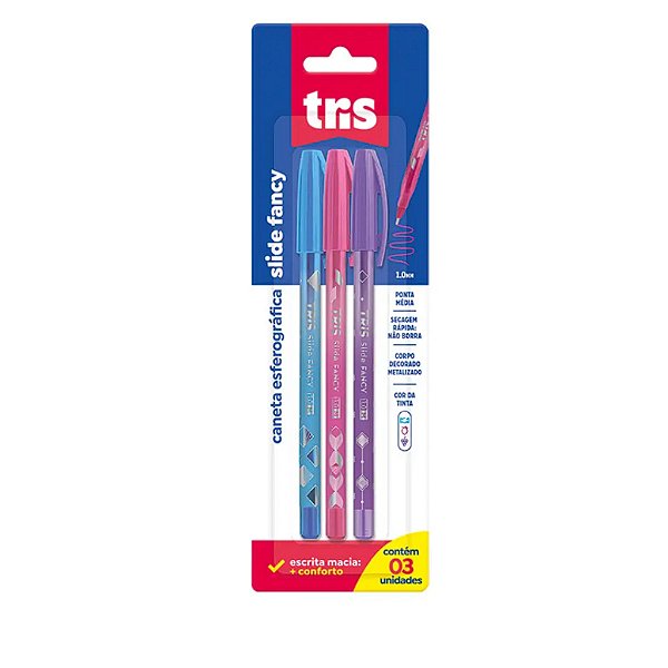 Kit Caneta Esferografica Tris Slide Fancy com Cheirinho Escrita 1.0mm Cartela Com 3 Unidades