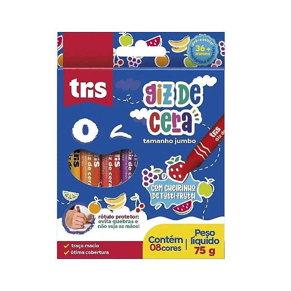 Giz de Cera Tamanho Jumbo Triangular - Com Cheirinho - 8 Cores - Tris