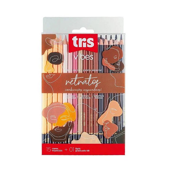 Lápis de Cor Tris Vibes Tons Retratos 15 Cores + Lápis 6B Profissional Papelaria Artística