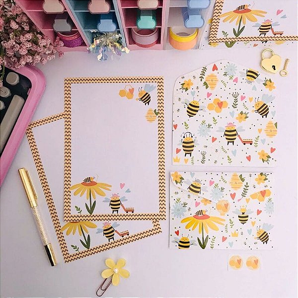 Kit Papel de Carta Abelhinhas com Envelopes Buendía 4 Cartas 4 Envelopes e Adesivos