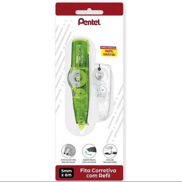 Fita Corretiva e Refil Pentel Verde