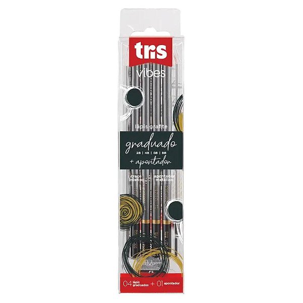 Lápis Grafite Graduado Tris Vibes Kit 4 Graduações Com Apontador Para Desenho Artístico