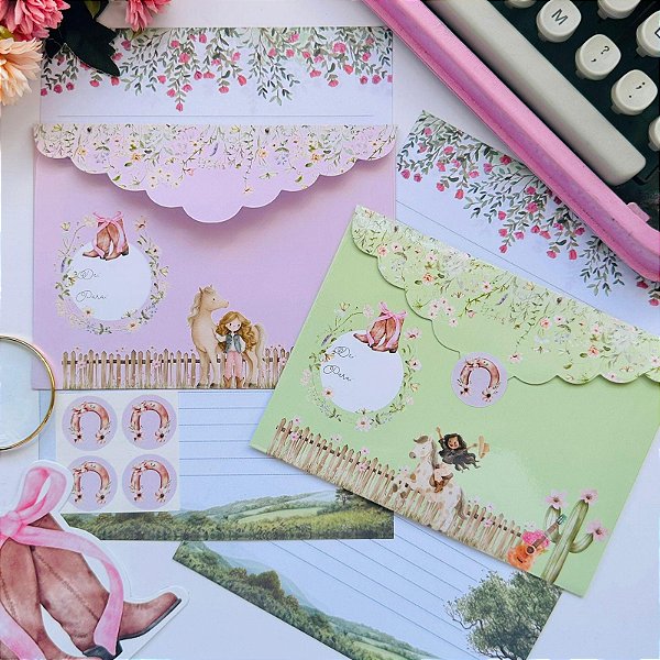 Kit Papéis de Carta com Envelopes La Palomita Fazenda de Morangos Buendía 4 Cartas e 4 Envelopes