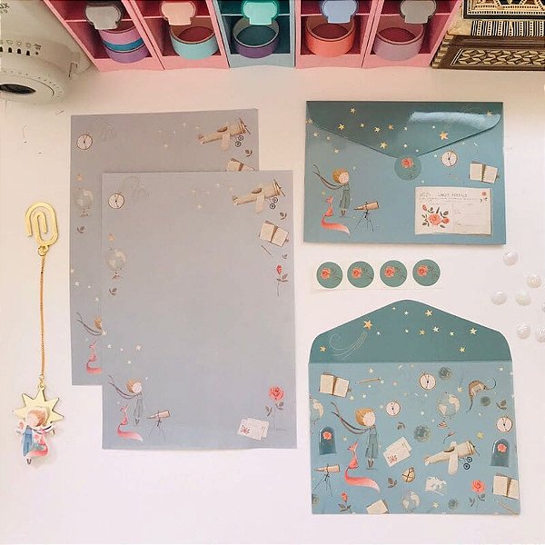 Kit Papel de Carta Pequeno Príncipe com Envelopes Buendía 4 Cartas 4 Envelopes e Adesivos