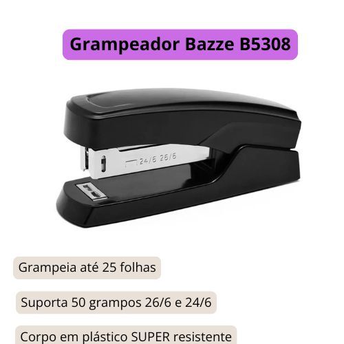 Grampeador Bazze B5308 26/6 Preto - Grampeia Até 25 Folhas Compacto e Resistente 1 Unidade