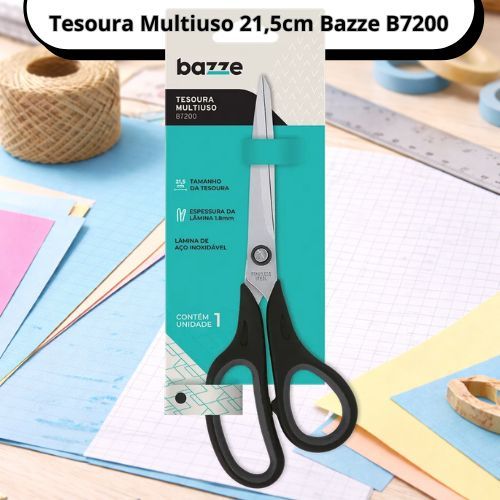 Tesoura Multiuso 21,5cm Bazze B7200 Aço Inoxidável Profissional Escritório Escola Artesanato