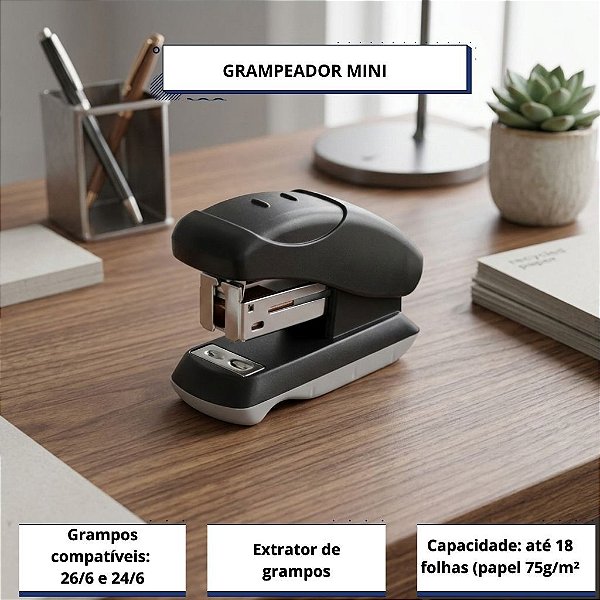 Grampeador Mini Bazze com extrator B5101 Preto Até 18 Folhas Compacto Escritório Escola