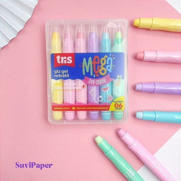 Giz de Cera Gel Retrátil Tom Pastel com Cheirinho de Frutas Estojo 6 Unidades Aquarelável  Tris Mega Gel Color