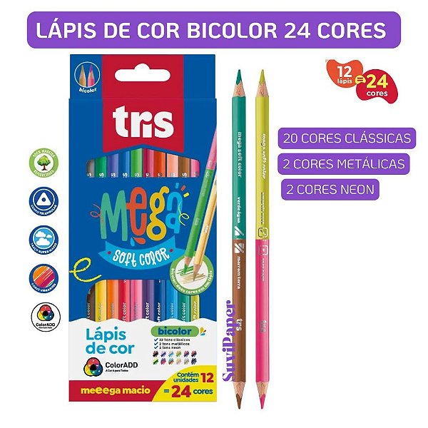 Lápis de Cor Tris Mega Soft Color Bicolor 24 Cores Neon, Metálicas e Clássicas Ponta Dupla TraçoEscolar e Artístico