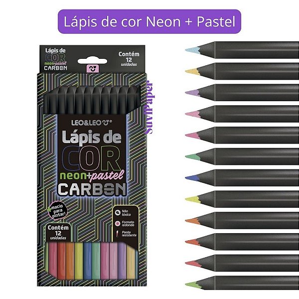 Lápis de Cor Pastel e Neon Léo e Léo 12 Und Carbon Line