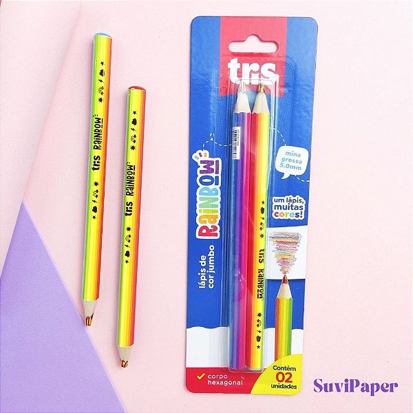 Lápis de Cor Tris Jumbo Arco Íris Colorido Rainbow Cartela com 2 Unidades Cores Clássicas 1 Cartela