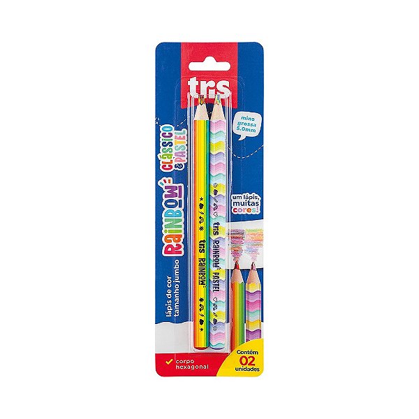 Lápis De Cor Jumbo Arco Íris Rainbow Tris - Grafite Colorido Cores Clássicas e Pastel - Cartela com 2 Unidades Tris