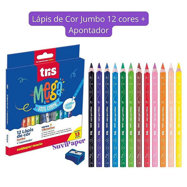 Lápis De Cor Tamanho Jumbo Mega Soft Color - 12 Cores + Apontador - Tris Pré Escola