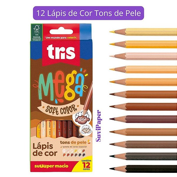 Lápis De Cor Mega Soft Color Tris 12 Cores Tons de Pele - Lápis Escolar Triangular