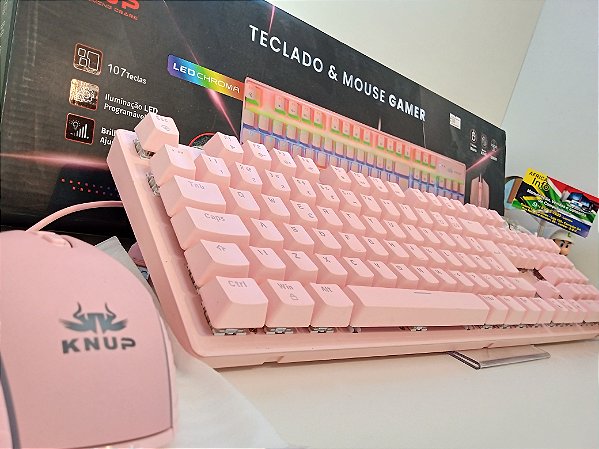 Kit Teclado Mecânico + Mouse Gamer Com Led Rosa Knup