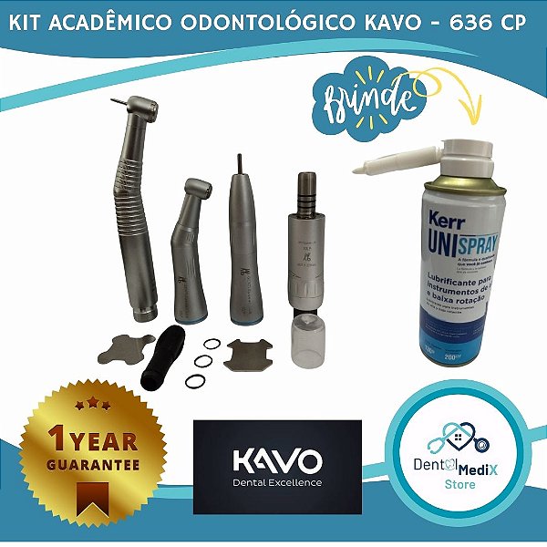 KIT ACADEMICO ODONTOLOGICO KAVO SÉRIE 636 CP COM LED + LUBRIFICANTE UNISPRAY KERR