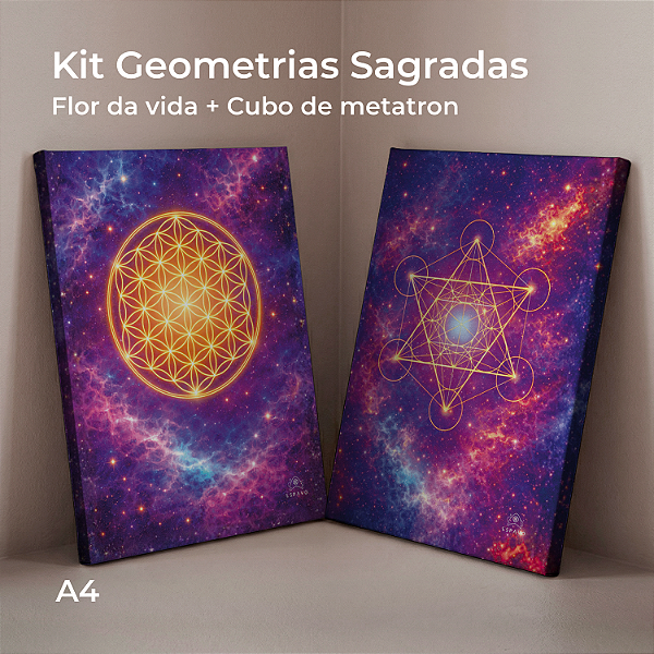 Kit 2 Quadros Geometria Sagrada A4 - Flor da Vida + Cubo de Metatron