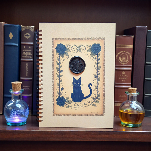 Caderno Sussurro da Noite gato preto • Selo artesanal • Papel Pólen • 120 páginas • Capa Dura Fosca • A5