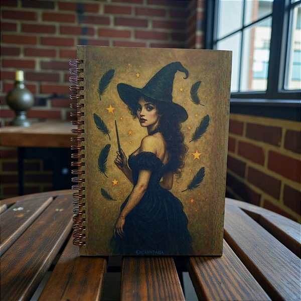 Caderno Magia Escrita entre Penas e Estrelas, bruxa, capa dura A5
