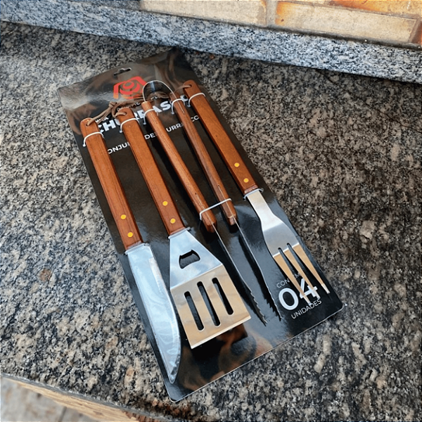 Conjunto Para Churrasco 4 Peças Longo, Inox E Madeira