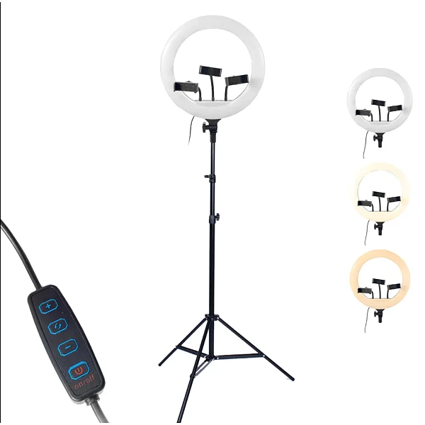 RING LIGHT DE 14 POLEGADAS COM 3 SUPORTES DE CELULAR E TRIPÉ 2,10M LEY-40