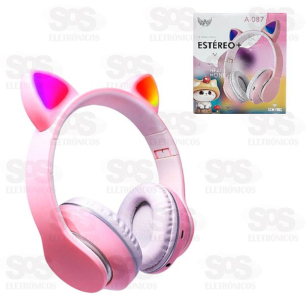 Fone De Ouvido Sem Fio Com Orelha De Gatinho Com Led Colorido Bluetooth Rosa  A-087