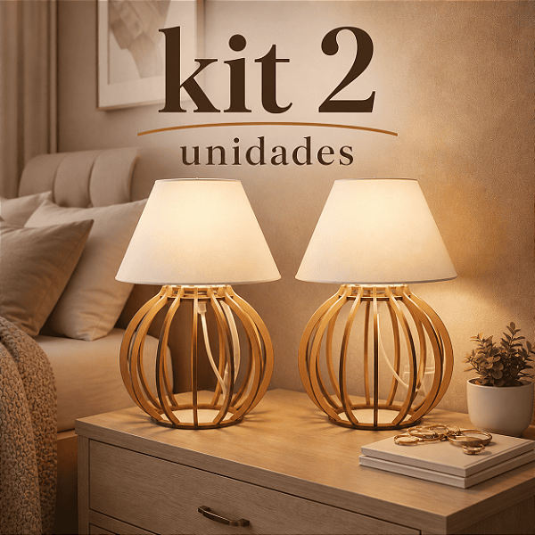Kit 2 Unidades Abajur de Mesa Design Moderno Base Madeira Cúpula Grande Preta Branca Bege Decoração Quarto Luminária