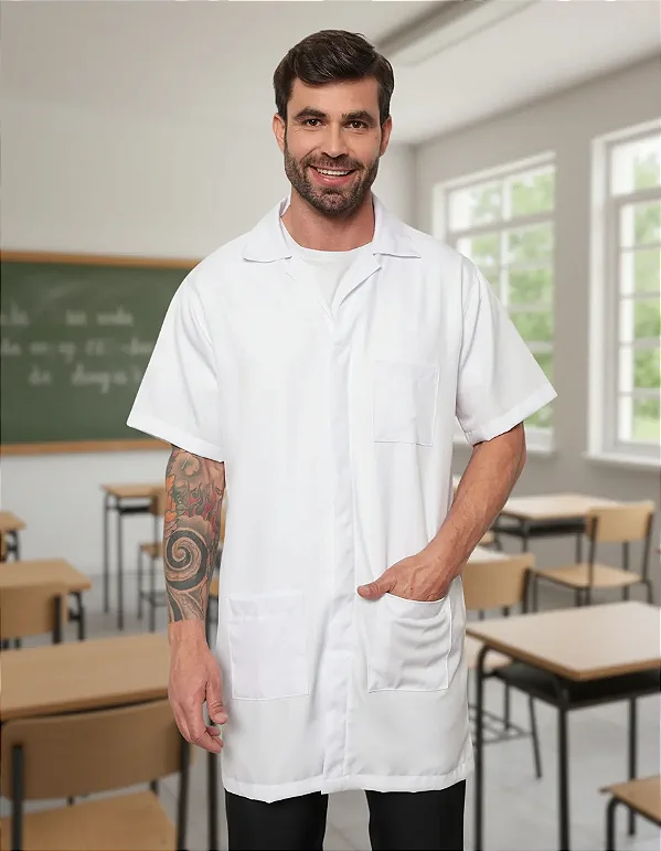 Jaleco Oxford Masculino Branco Manga Curta 3 Bolsos