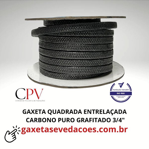 Gaxeta grafitada quadrada entrelaçada de Carbono Puro de 3/4"