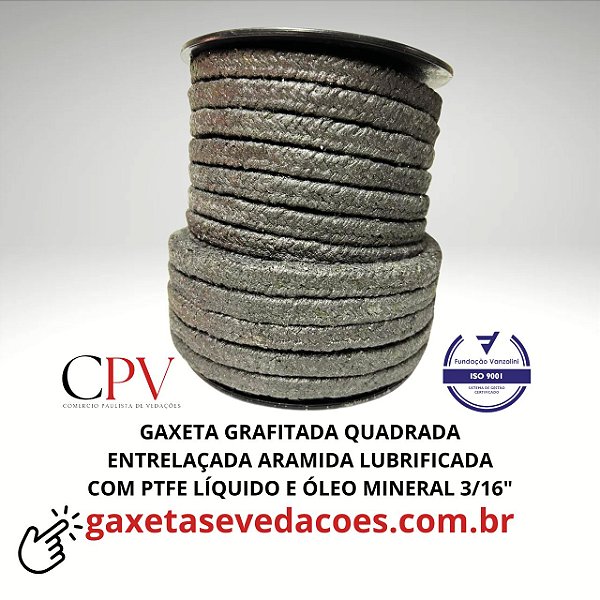 Gaxeta Grafitada quadrada entrelaçada de Aramida  PTFE e óleo Mineral 3/16"