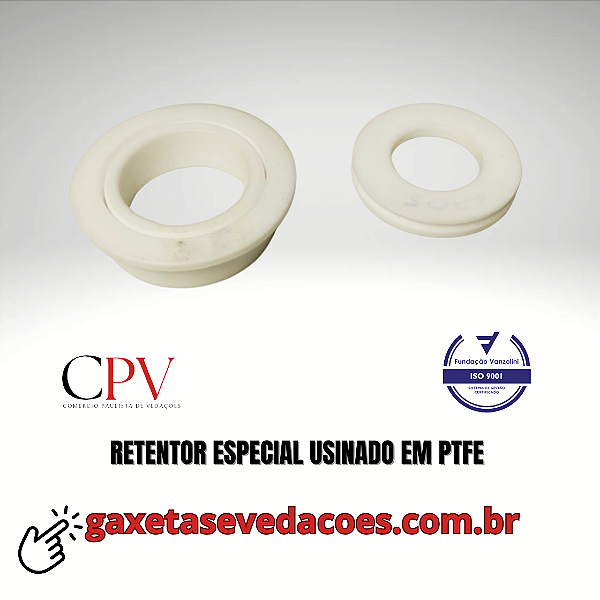 Retentor fabricado em PTFE usinado para eixos de bombas e misturadores.