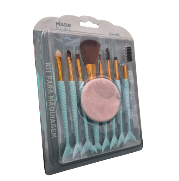 Pincéis de Maquiagem Sereia Azul - Kit com 9 Peças e Esponja