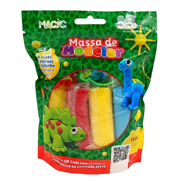 Massa de Modelar Dinossauro – Kit com 6 Cores, 3 Moldes e Rolinho