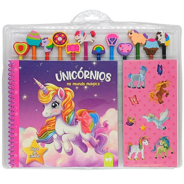 Livro para Colorir Unicórnios no Mundo Mágico - com Lápis de Cor, Borracha e Adesivos