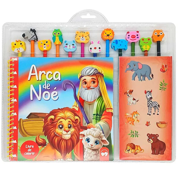 Livro para Colorir Arca de Noé - com Lápis de Cor, Borracha e Adesivos