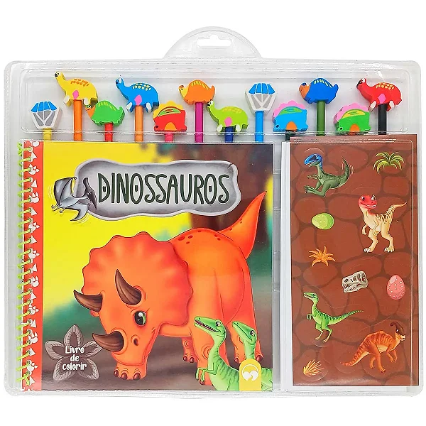 Livro para Colorir Dinossauros - com Lápis de Cor, Borracha e Adesivos