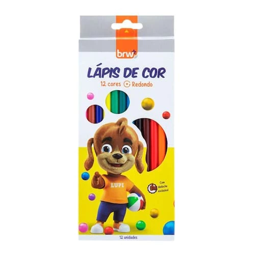 Lápis de Cor Jogo com 12 Cores – BRW Resinado, Redondo em Madeira