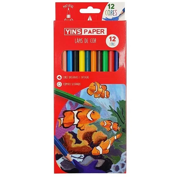 Lápis de Cor Jogo com 12 Cores – Yins Paper, Sextavado em Madeira