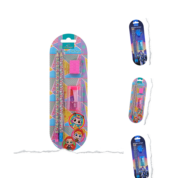 Kit Escolar Win Paper 4 Peças – Lápis, Borracha e Apontador (Rosa e Azul)