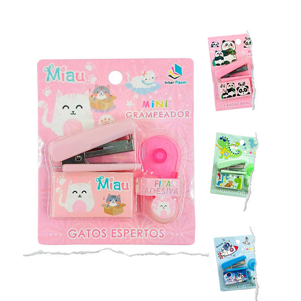 Kit Escolar 4 Peças – Bichinhos com Grampeador (Gatos e Pandas)