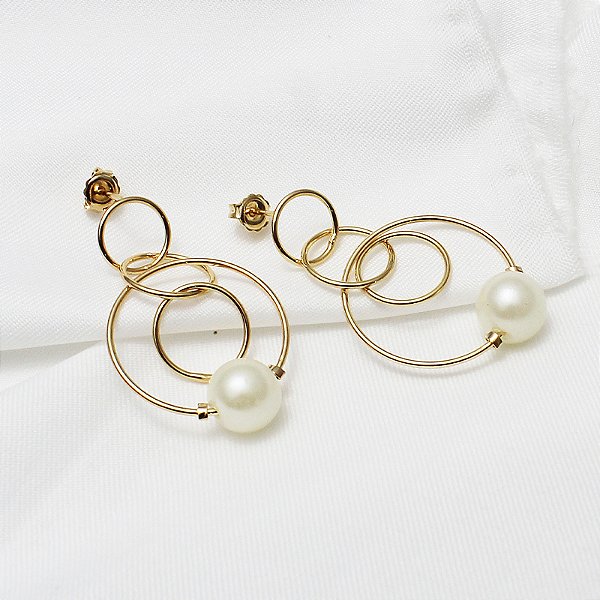 Brinco 4 Argolas & Pérola - Ouro 18k