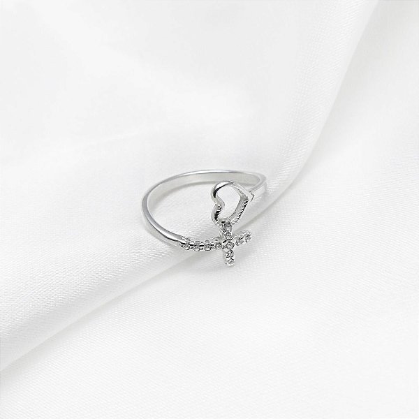 Anel Coração e Cruz - Prata