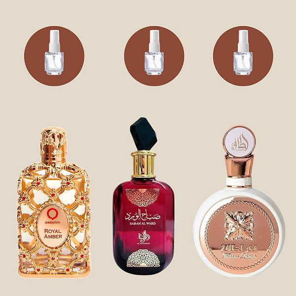 Combo mais vendido  - ( Royal Amber - Sabah - Fahkar Rose ) - Decant 5ml